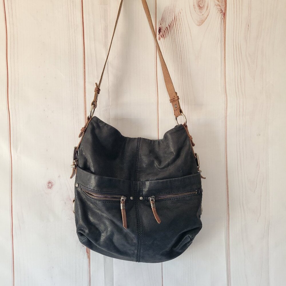 The Sak Black Leather Hobo Shoulder Purse, Pebbled Leather w/ Brown Strap